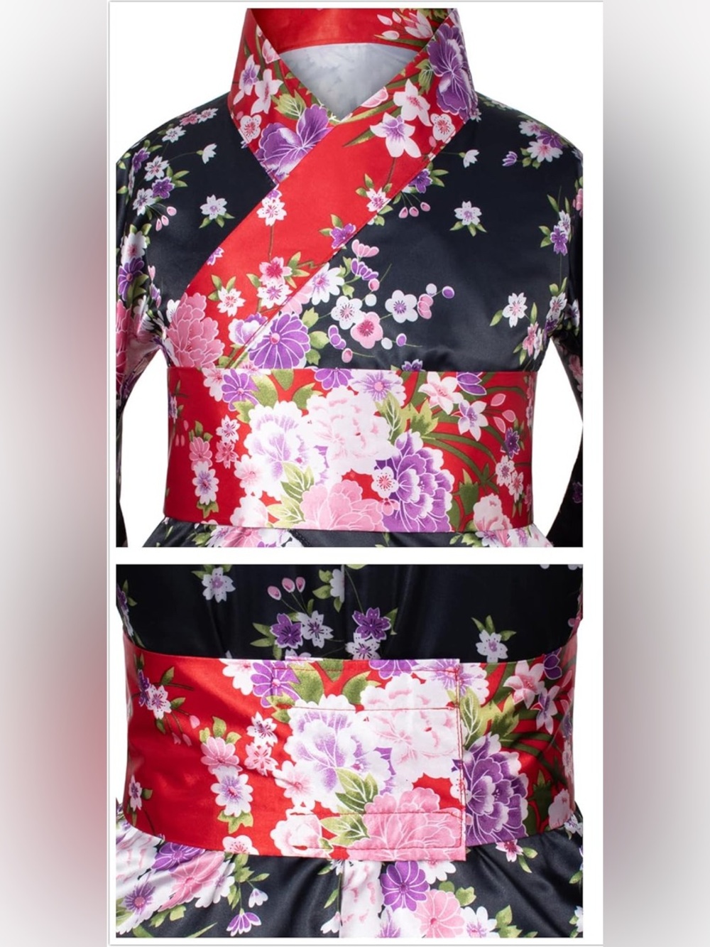 Floral Satin Kimono-Style Dress with Red Obi Accent